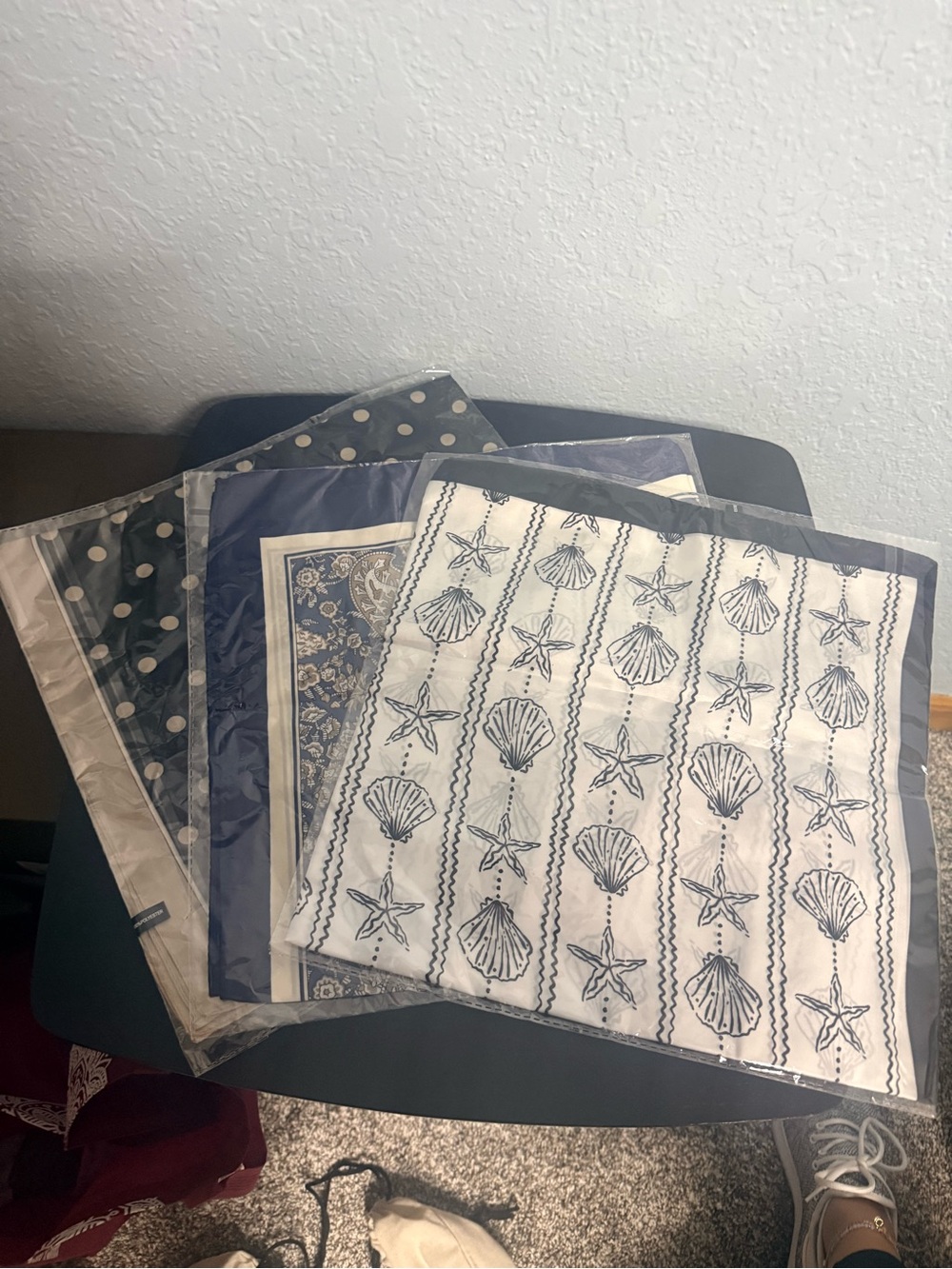 Nautical Shell & Starfish Scarf - Blue and White.Paisley, blue and cream print.